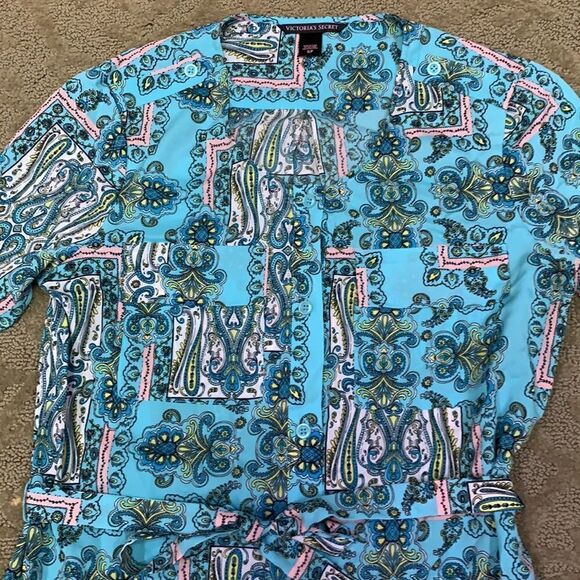 Victoria Secret S/P Turquoise Button-down Silky Retro Print Mini Dress Summer - Picture 6 of 11